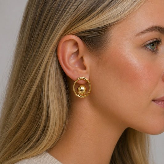 Oro Laminado Stud Earring, Gold Filled Style Ball Design, Polished, Golden Finish
