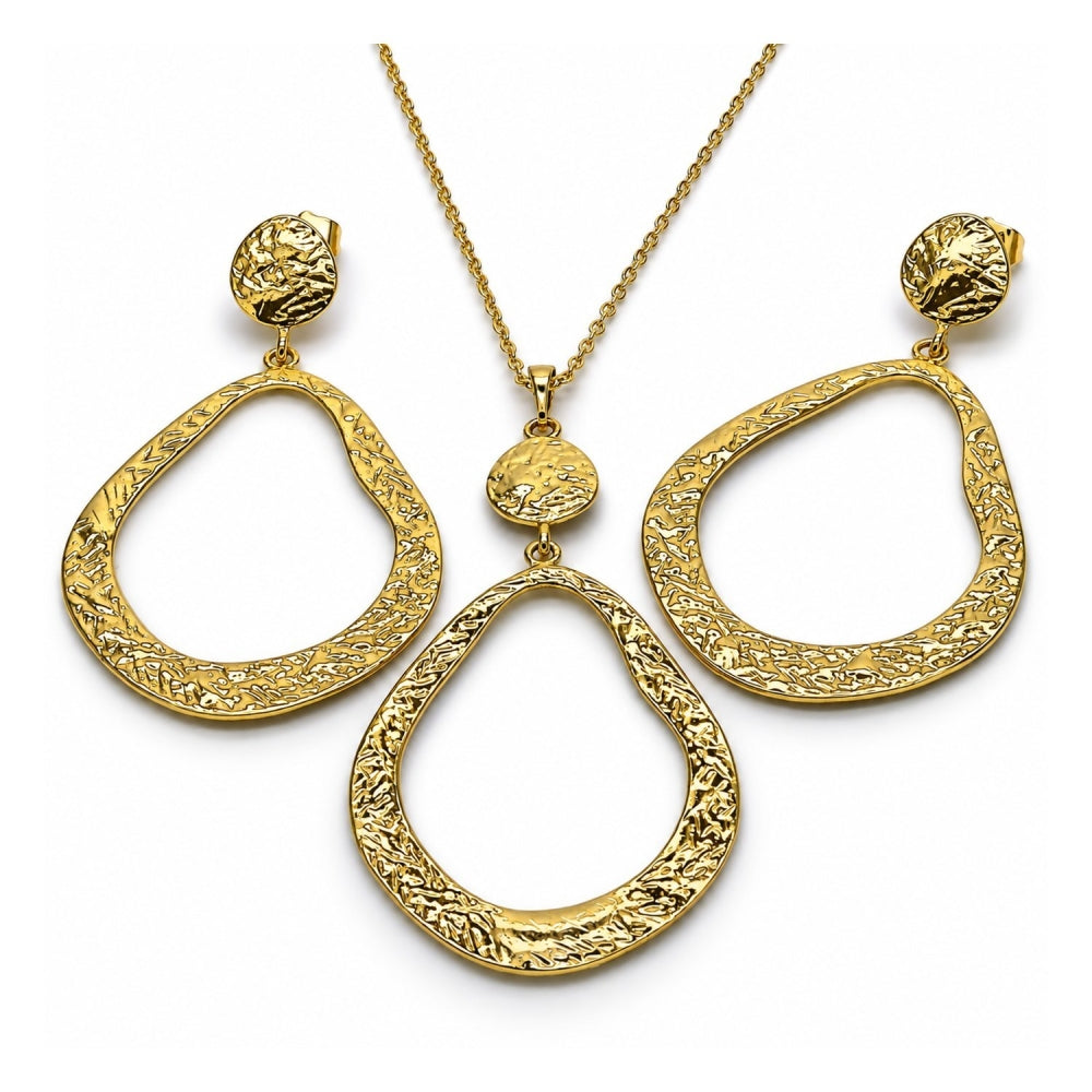 Oro Laminado Earring and Pendant Adult Set, Gold Filled Style Teardrop Design, Polished, Golden Finish