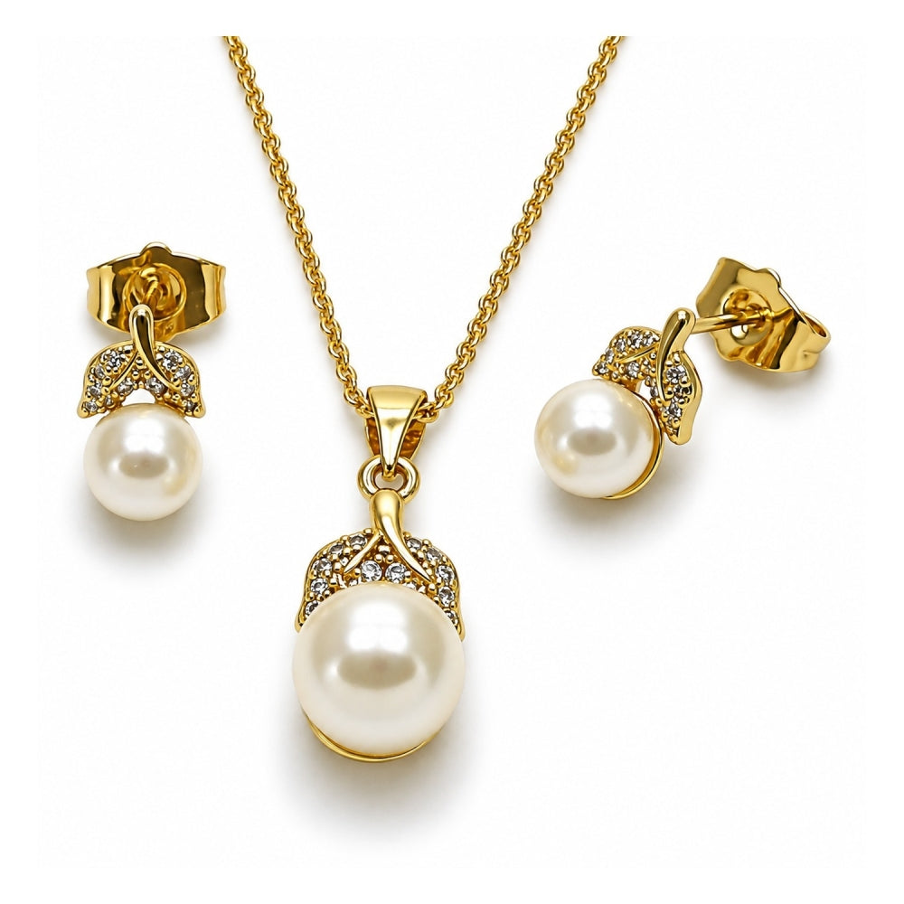 Oro Laminado Earring and Pendant Adult Set, Gold Filled Style Leaf and Ball Design, with Ivory Pearl and White Cubic Zirconia, Polished, Golden Finish