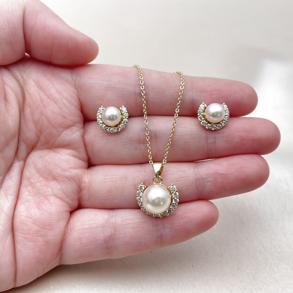 Oro Laminado Earring and Pendant Adult Set, Gold Filled Style Cluster and Ball Design, with Ivory Pearl and White Cubic Zirconia, Polished, Golden Finish