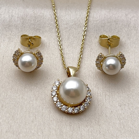 Oro Laminado Earring and Pendant Adult Set, Gold Filled Style Cluster and Ball Design, with Ivory Pearl and White Cubic Zirconia, Polished, Golden Finish