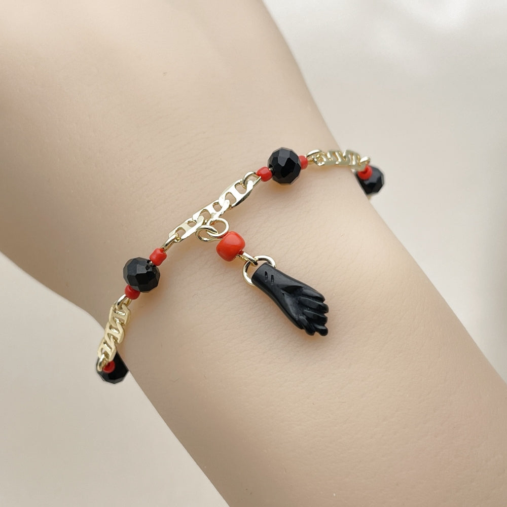 Oro Laminado Fancy Bracelet, Gold Filled Style Figa Hand and Mariner Design, with Black Crystal, Polished, Golden Finish