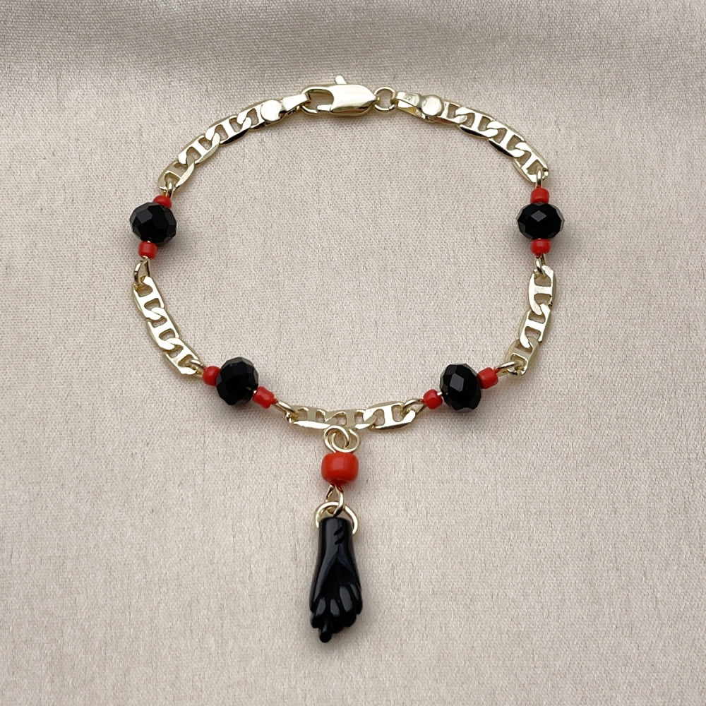 Oro Laminado Fancy Bracelet, Gold Filled Style Figa Hand and Mariner Design, with Black Crystal, Polished, Golden Finish