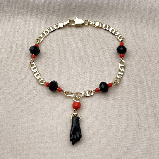 Oro Laminado Fancy Bracelet, Gold Filled Style Figa Hand and Mariner Design, with Black Crystal, Polished, Golden Finish