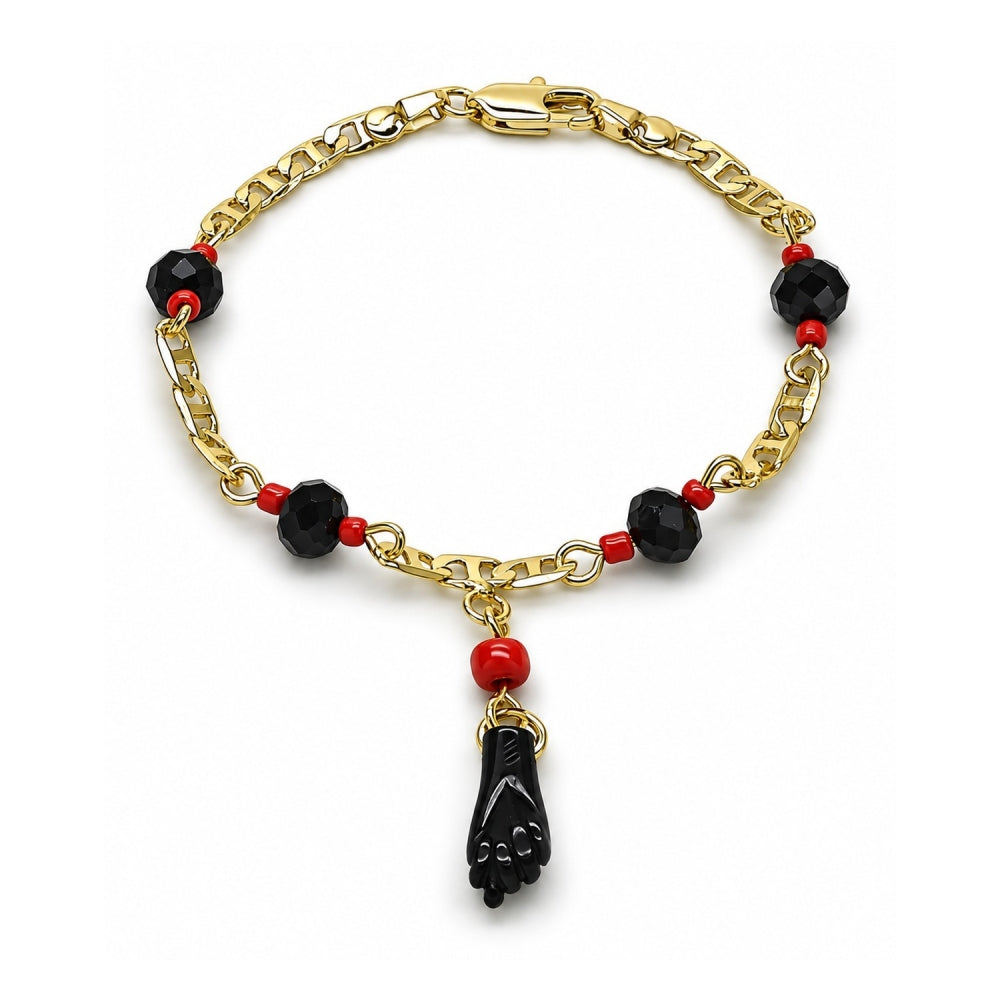Oro Laminado Fancy Bracelet, Gold Filled Style Figa Hand and Mariner Design, with Black Crystal, Polished, Golden Finish