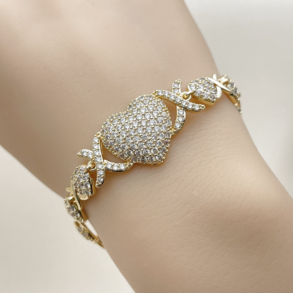 Oro Laminado Fancy Bracelet, Gold Filled Style Hugs and Kisses and Heart Design, with White Cubic Zirconia, Polished, Golden Finish