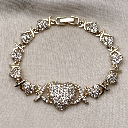 Oro Laminado Fancy Bracelet, Gold Filled Style Hugs and Kisses and Heart Design, with White Cubic Zirconia, Polished, Golden Finish
