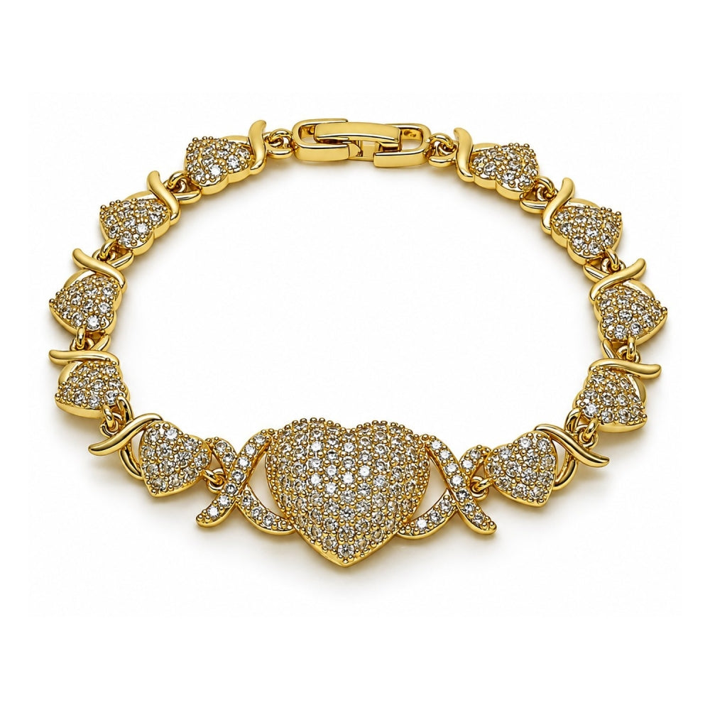 Oro Laminado Fancy Bracelet, Gold Filled Style Hugs and Kisses and Heart Design, with White Cubic Zirconia, Polished, Golden Finish