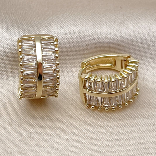 Oro Laminado Huggie Hoop, Gold Filled Style Baguette Design, with White Cubic Zirconia, Polished, Golden Finish