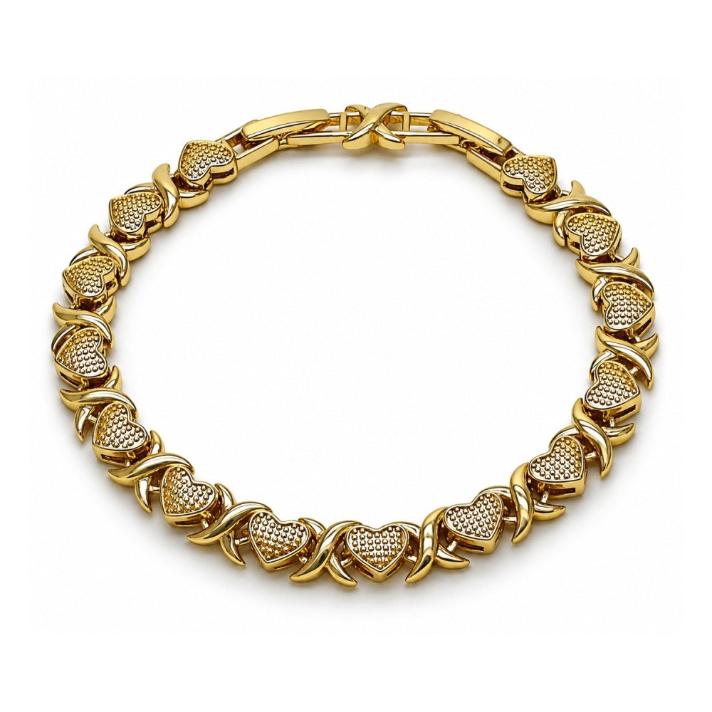 Oro Laminado Tennis Bracelet, Gold Filled Style Hugs and Kisses Design, Matte Finish, Golden Finish