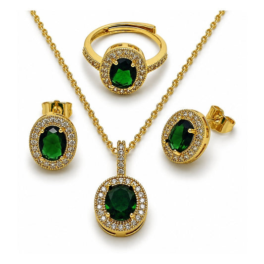 Oro Laminado Necklace, Earring and Ring, Gold Filled Style Cluster Design, with Green and White Cubic Zirconia, Polished, Golden Finish