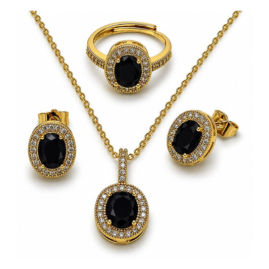 Oro Laminado Necklace, Earring and Ring, Gold Filled Style Cluster Design, with Black and White Cubic Zirconia, Polished, Golden Finish