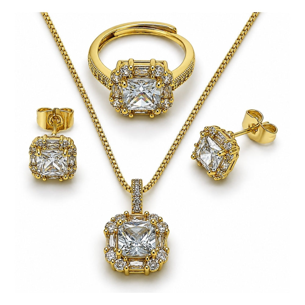 Oro Laminado Necklace, Earring and Ring, Gold Filled Style Cluster and Baguette Design, with White Cubic Zirconia, Polished, Golden Finish