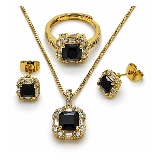 Oro Laminado Necklace, Earring and Ring, Gold Filled Style Cluster and Baguette Design, with Black and White Cubic Zirconia, Polished, Golden Finish