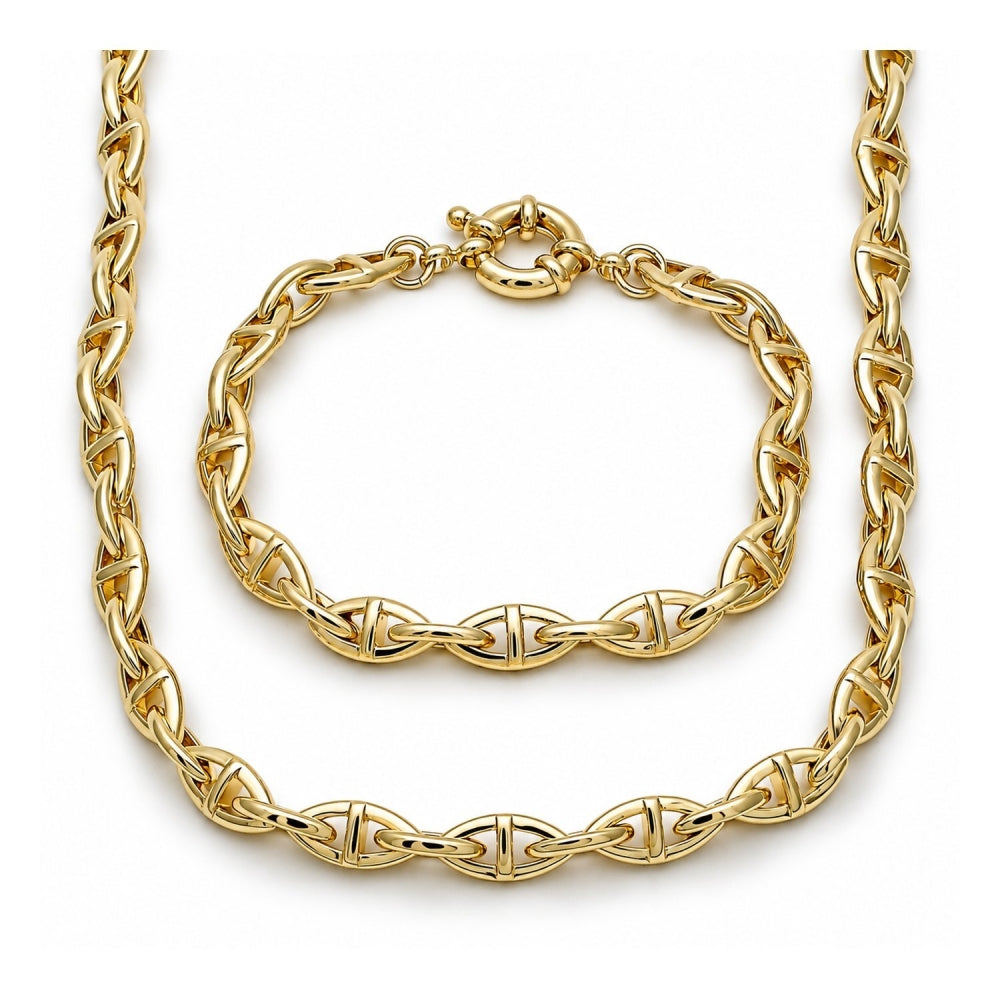 Oro Laminado Necklace and Bracelet, Gold Filled Style Puff Mariner and Mariner Design, Polished, Golden Finish