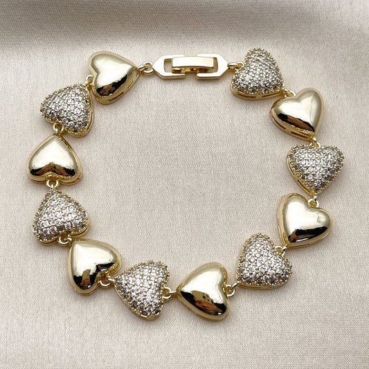Oro Laminado Tennis Bracelet, Gold Filled Style Heart Design, with White Cubic Zirconia, Polished, Golden Finish