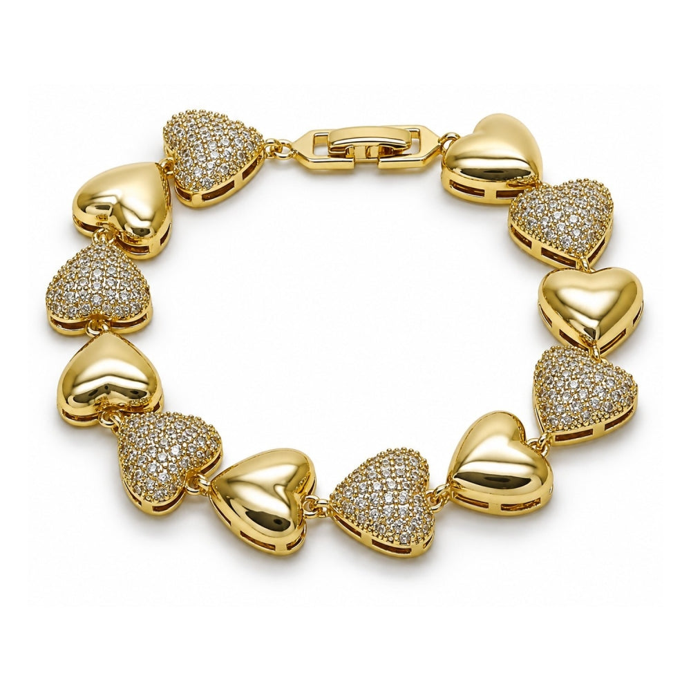 Oro Laminado Tennis Bracelet, Gold Filled Style Heart Design, with White Cubic Zirconia, Polished, Golden Finish
