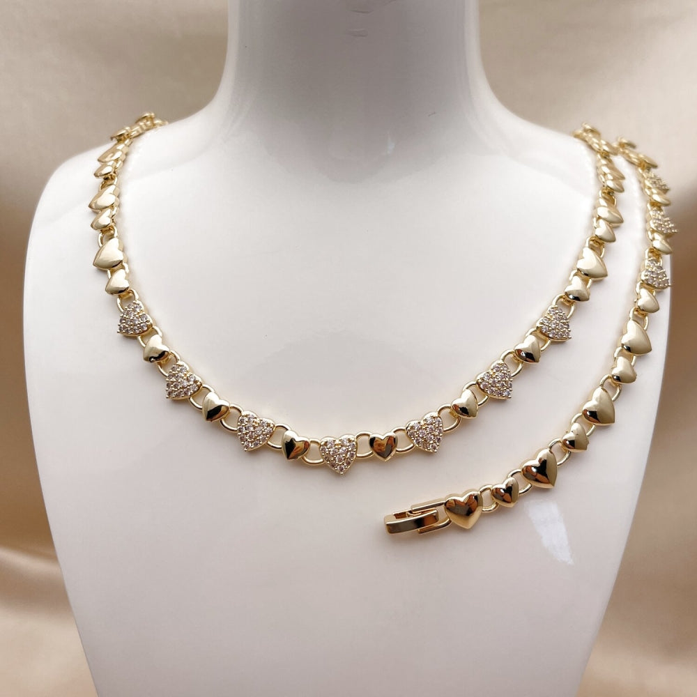 Oro Laminado Necklace and Bracelet, Gold Filled Style Heart Design, with White Micro Pave, Polished, Golden Finish