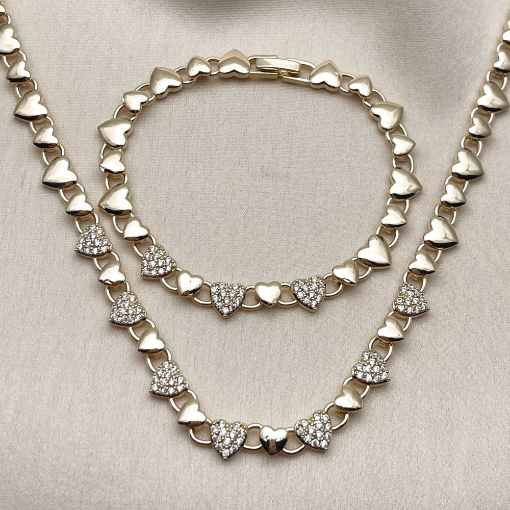 Oro Laminado Necklace and Bracelet, Gold Filled Style Heart Design, with White Micro Pave, Polished, Golden Finish