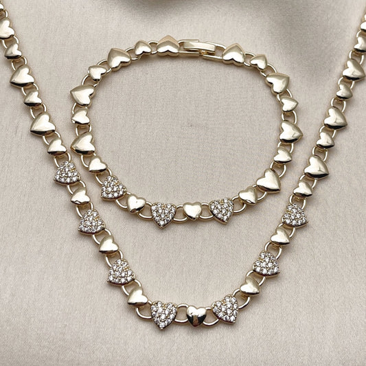 Oro Laminado Necklace and Bracelet, Gold Filled Style Heart Design, with White Micro Pave, Polished, Golden Finish