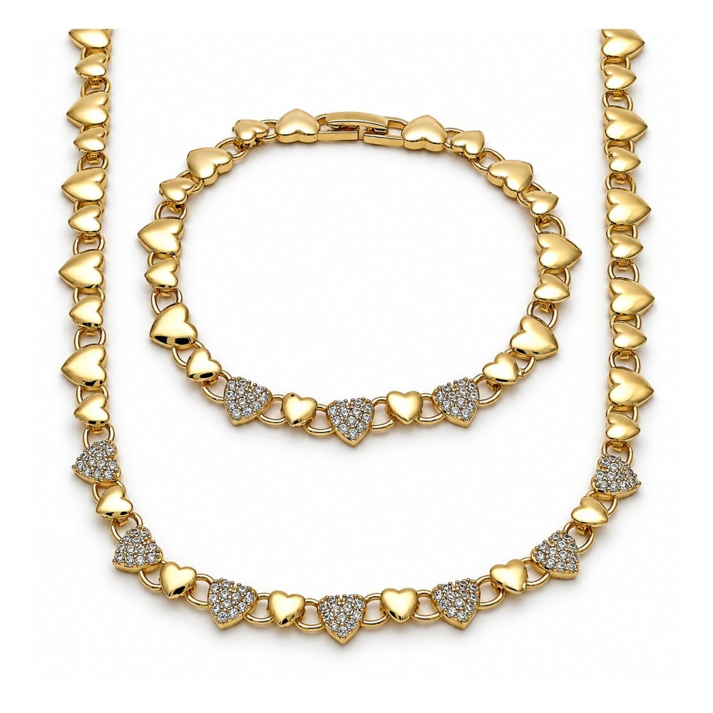 Oro Laminado Necklace and Bracelet, Gold Filled Style Heart Design, with White Micro Pave, Polished, Golden Finish