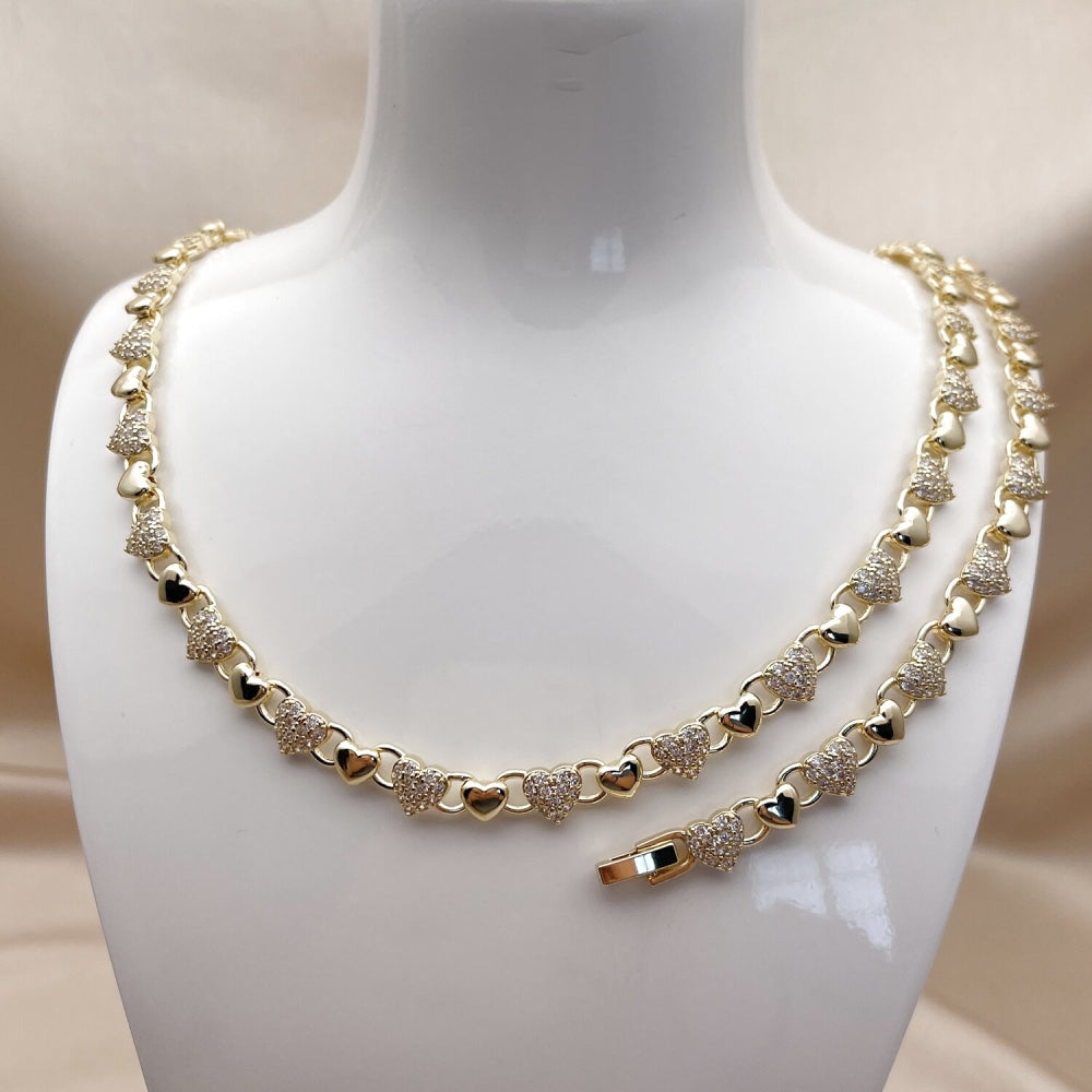 Oro Laminado Necklace and Bracelet, Gold Filled Style Heart Design, with White Micro Pave, Polished, Golden Finish