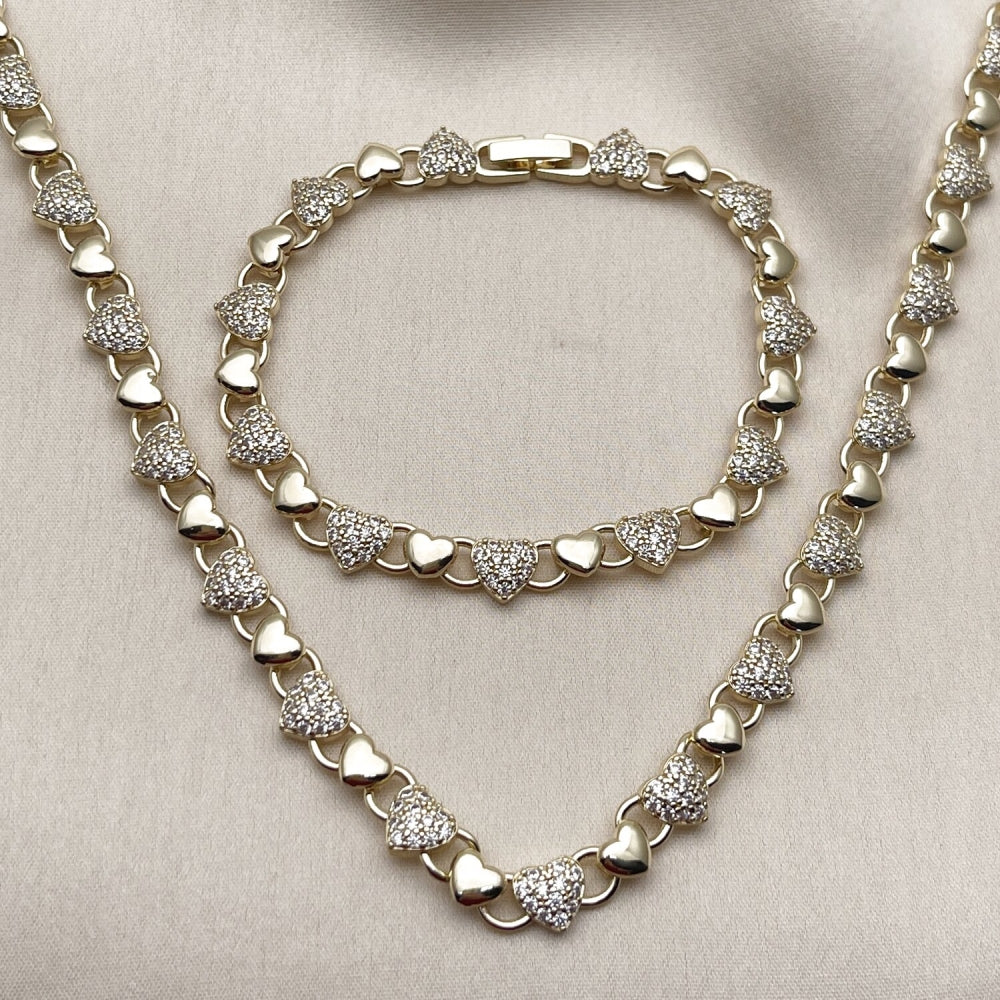 Oro Laminado Necklace and Bracelet, Gold Filled Style Heart Design, with White Micro Pave, Polished, Golden Finish