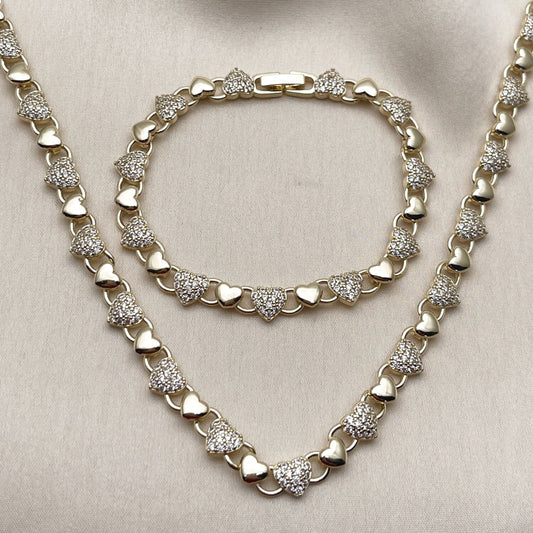 Oro Laminado Necklace and Bracelet, Gold Filled Style Heart Design, with White Micro Pave, Polished, Golden Finish
