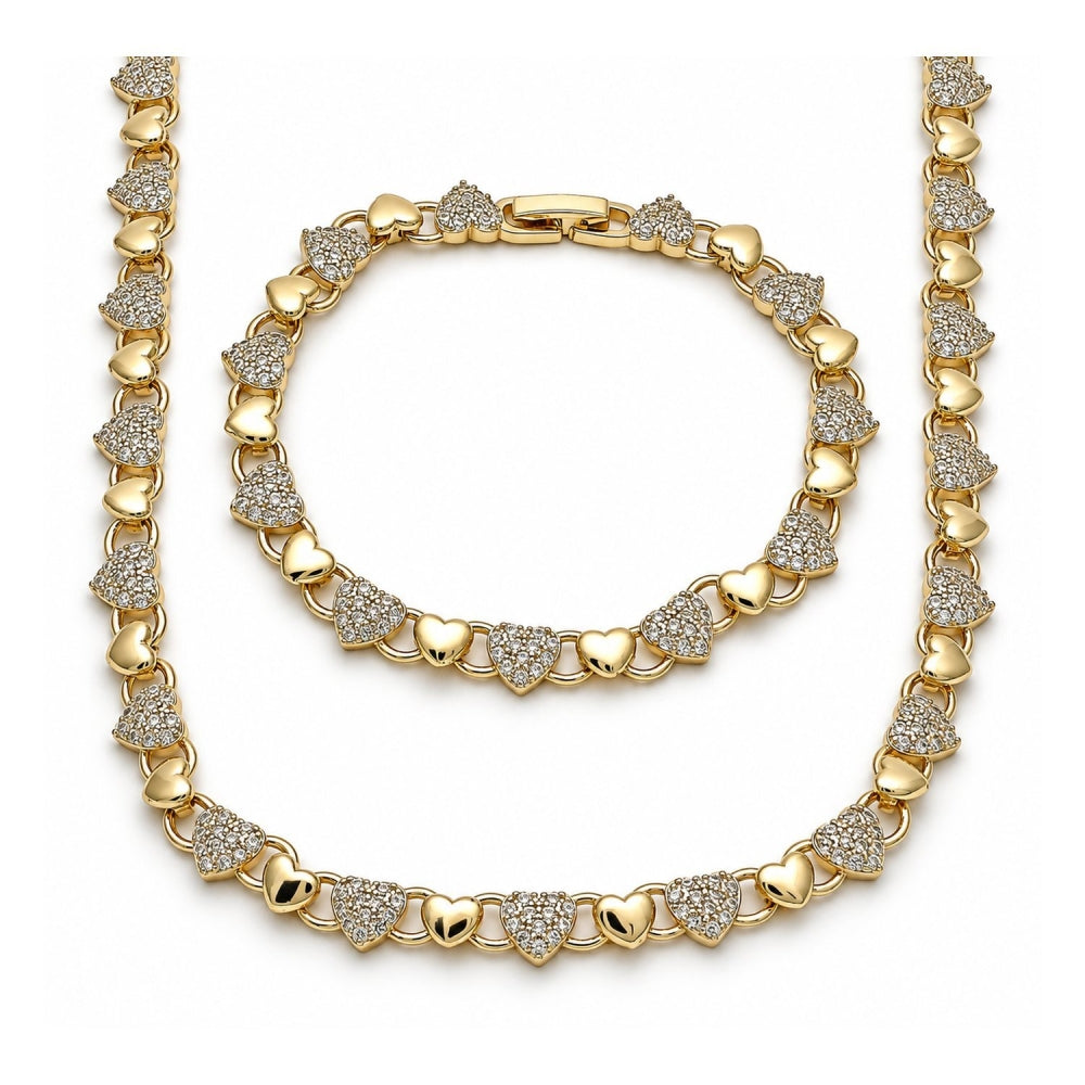 Oro Laminado Necklace and Bracelet, Gold Filled Style Heart Design, with White Micro Pave, Polished, Golden Finish
