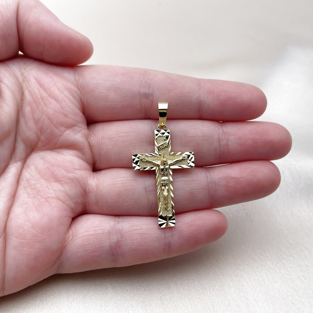 Oro Laminado Religious Pendant, Gold Filled Style Crucifix Design, Diamond Cutting Finish, Golden Finish