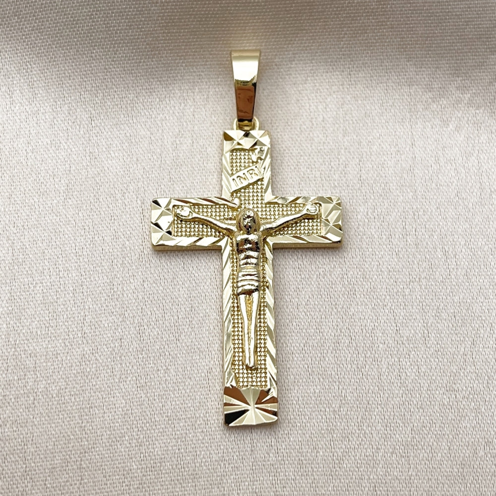 Oro Laminado Religious Pendant, Gold Filled Style Crucifix Design, Diamond Cutting Finish, Golden Finish