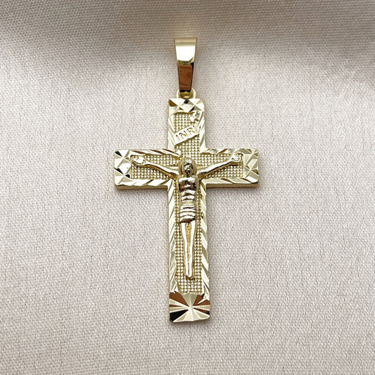 Oro Laminado Religious Pendant, Gold Filled Style Crucifix Design, Diamond Cutting Finish, Golden Finish