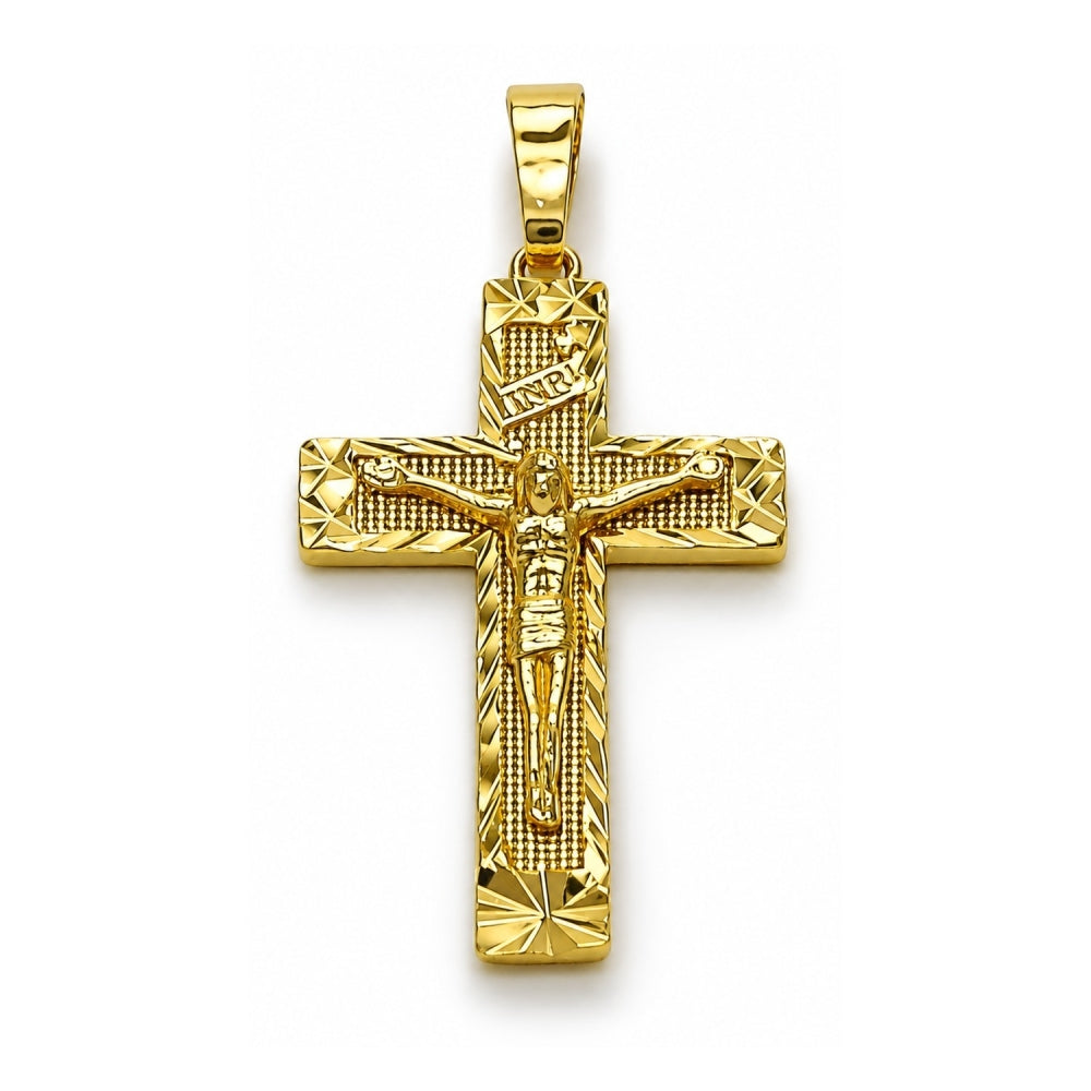 Oro Laminado Religious Pendant, Gold Filled Style Crucifix Design, Diamond Cutting Finish, Golden Finish
