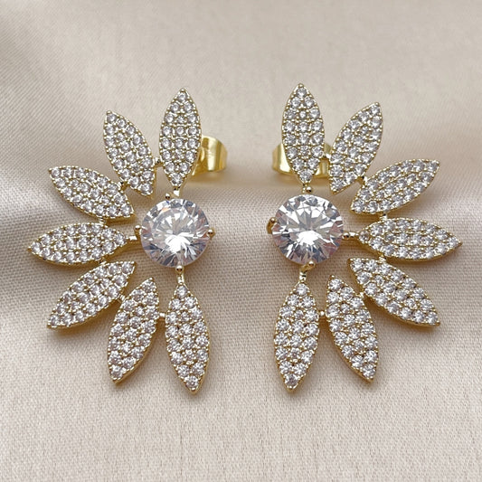 Oro Laminado Stud Earring, Gold Filled Style Flower Design, with White Cubic Zirconia and White Micro Pave, Polished, Golden Finish