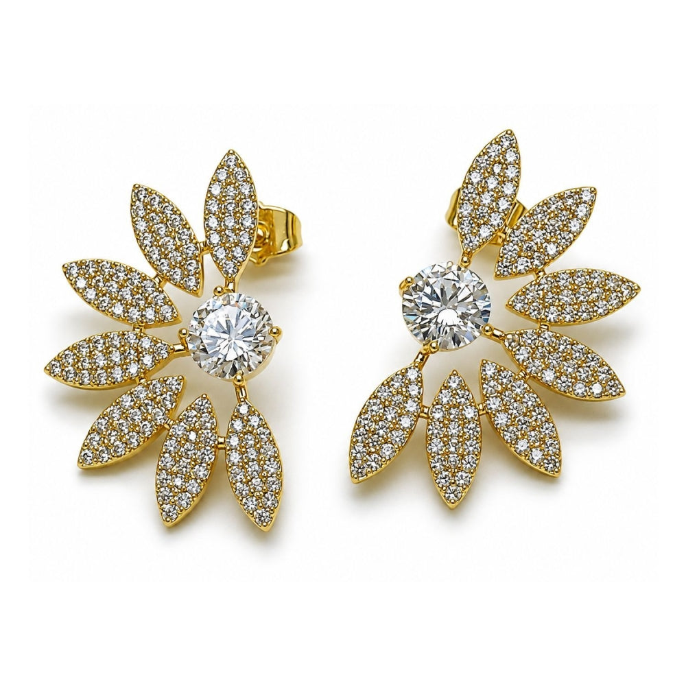 Oro Laminado Stud Earring, Gold Filled Style Flower Design, with White Cubic Zirconia and White Micro Pave, Polished, Golden Finish