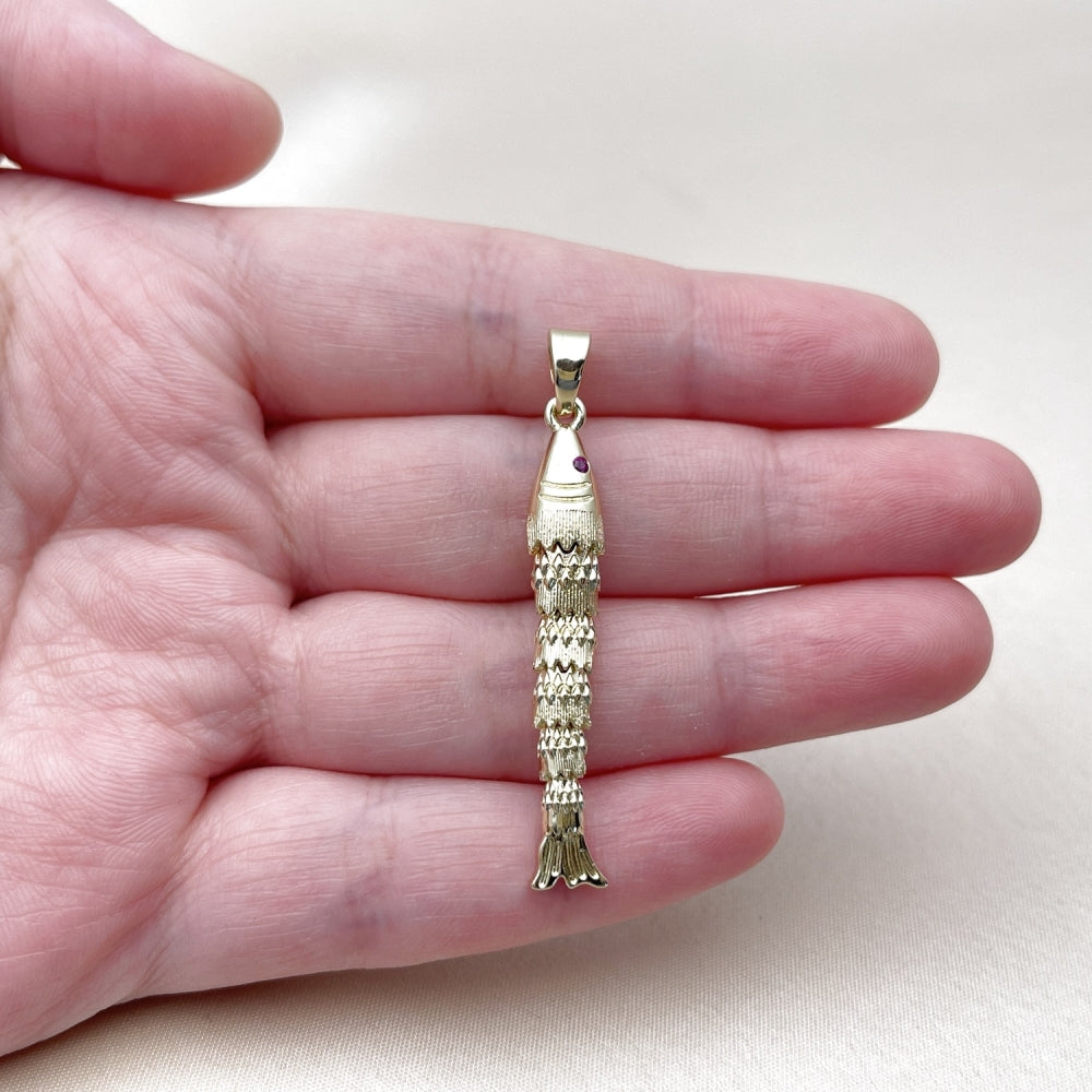Oro Laminado Fancy Pendant, Gold Filled Style Fish Design, with Ruby Cubic Zirconia, Polished, Golden Finish