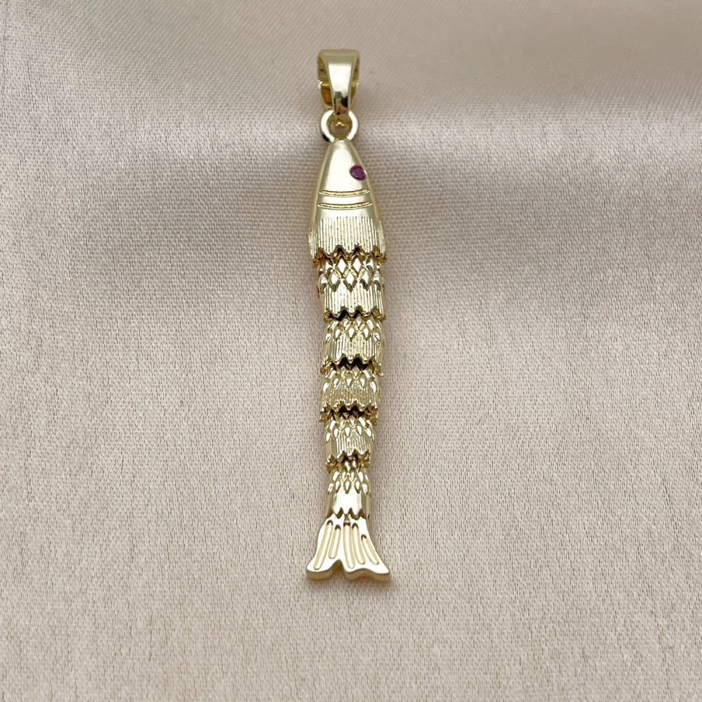 Oro Laminado Fancy Pendant, Gold Filled Style Fish Design, with Ruby Cubic Zirconia, Polished, Golden Finish