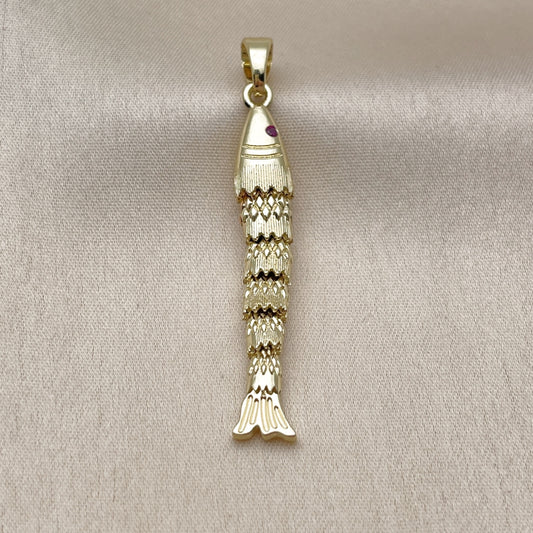 Oro Laminado Fancy Pendant, Gold Filled Style Fish Design, with Ruby Cubic Zirconia, Polished, Golden Finish