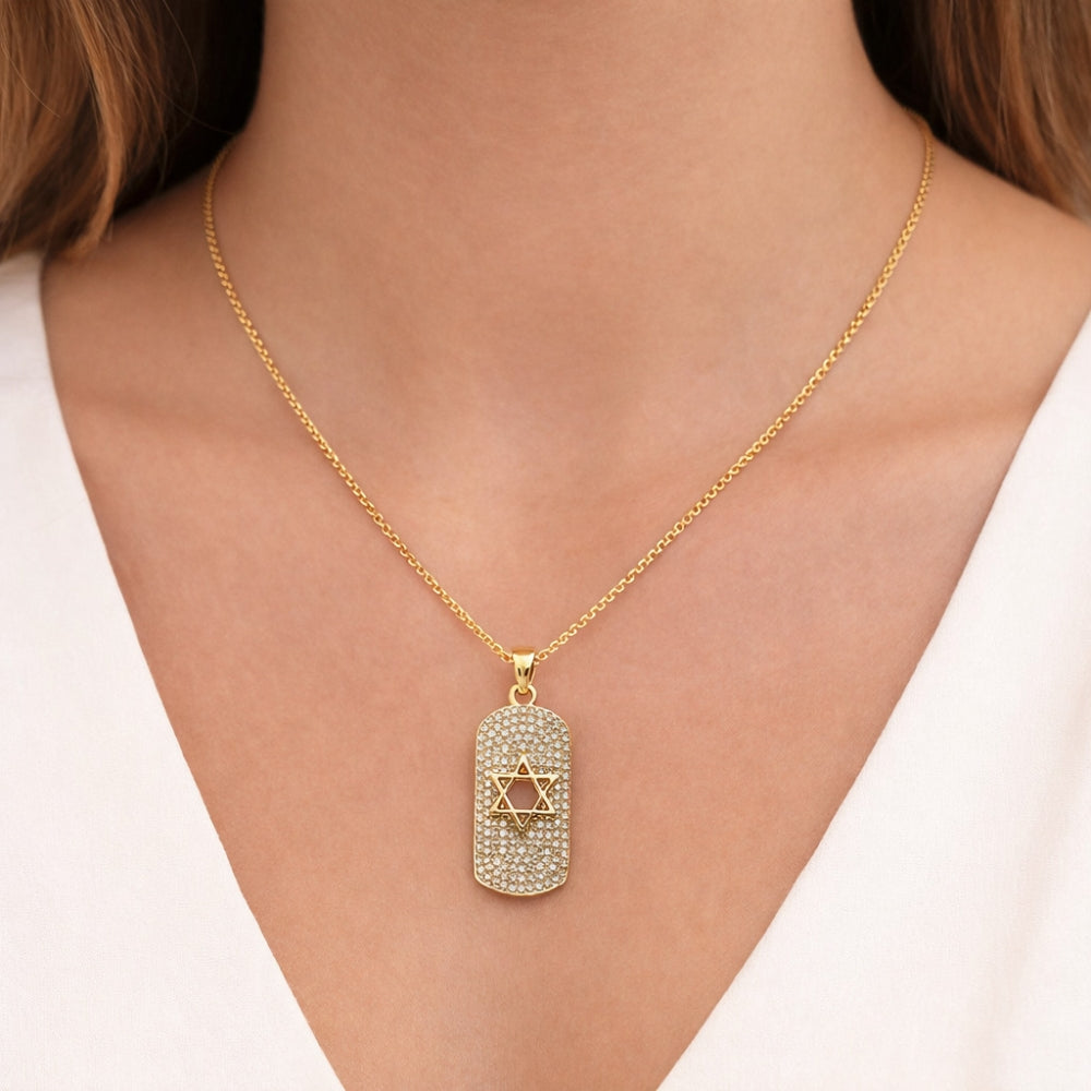Oro Laminado Religious Pendant, Gold Filled Style Star of David and Judaica Design, with White Micro Pave, Polished, Golden Finish
