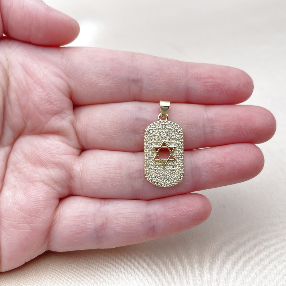 Oro Laminado Religious Pendant, Gold Filled Style Star of David and Judaica Design, with White Micro Pave, Polished, Golden Finish