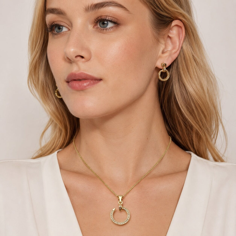 Oro Laminado Earring and Pendant Adult Set, Gold Filled Style Nail Design, with White Micro Pave, Polished, Golden Finish