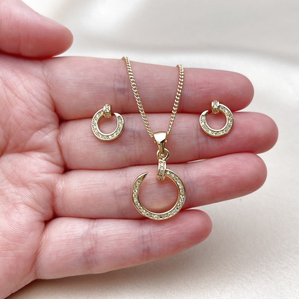 Oro Laminado Earring and Pendant Adult Set, Gold Filled Style Nail Design, with White Micro Pave, Polished, Golden Finish