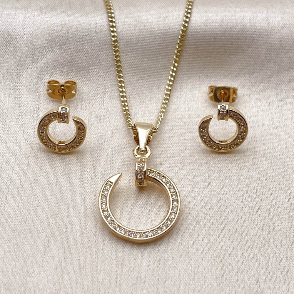 Oro Laminado Earring and Pendant Adult Set, Gold Filled Style Nail Design, with White Micro Pave, Polished, Golden Finish
