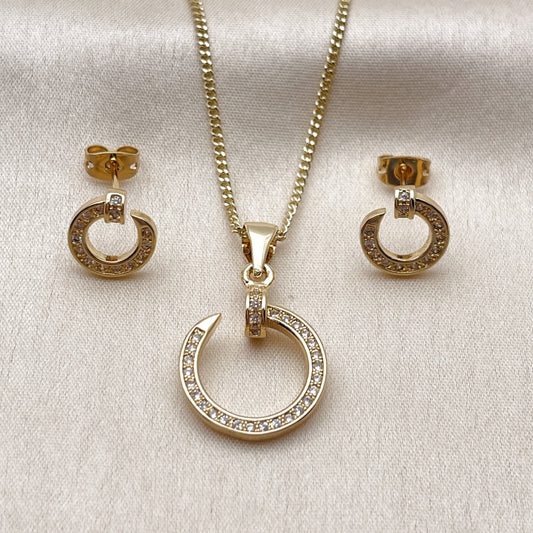 Oro Laminado Earring and Pendant Adult Set, Gold Filled Style Nail Design, with White Micro Pave, Polished, Golden Finish