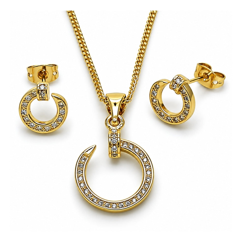 Oro Laminado Earring and Pendant Adult Set, Gold Filled Style Nail Design, with White Micro Pave, Polished, Golden Finish