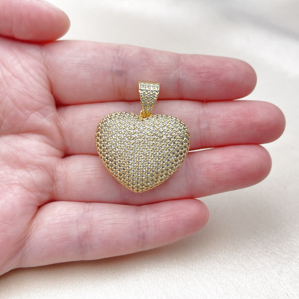 Oro Laminado Fancy Pendant, Gold Filled Style Heart and Hollow Design, with White Micro Pave, Polished, Golden Finish