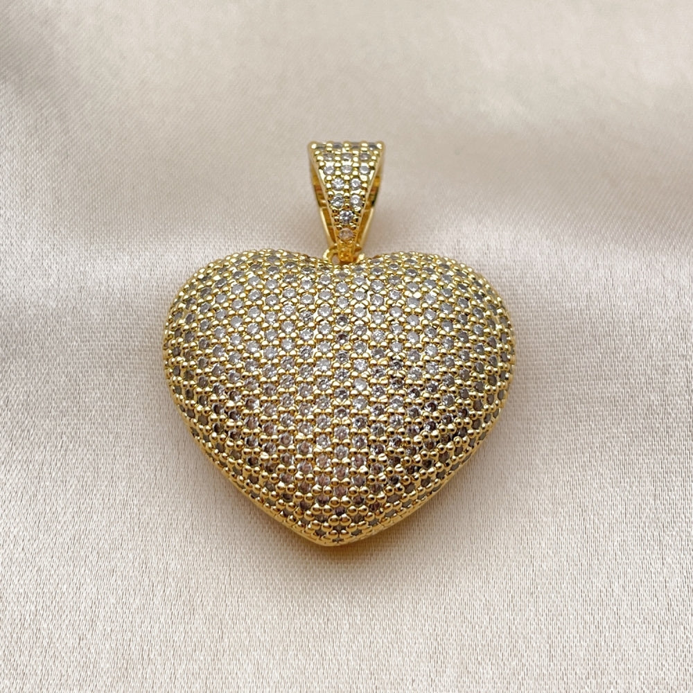 Oro Laminado Fancy Pendant, Gold Filled Style Heart and Hollow Design, with White Micro Pave, Polished, Golden Finish