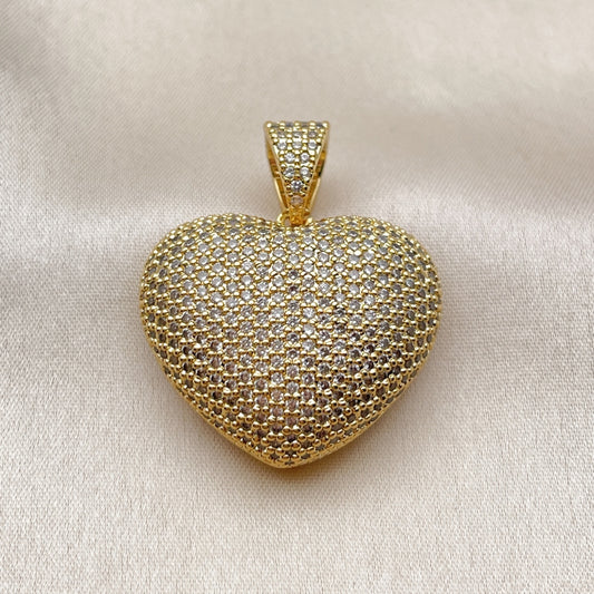 Oro Laminado Fancy Pendant, Gold Filled Style Heart and Hollow Design, with White Micro Pave, Polished, Golden Finish