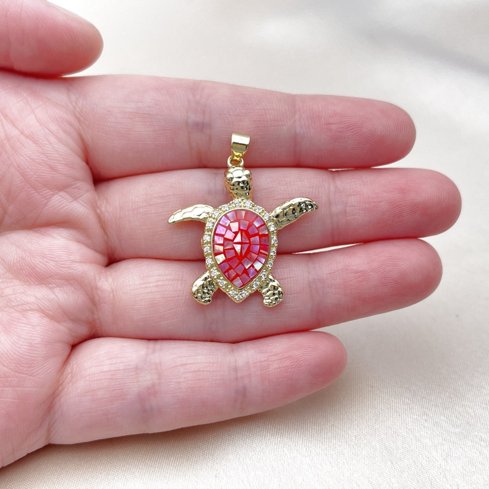 Oro Laminado Fancy Pendant, Gold Filled Style Turtle Design, with Garnet Opal and White Micro Pave, Polished, Golden Finish
