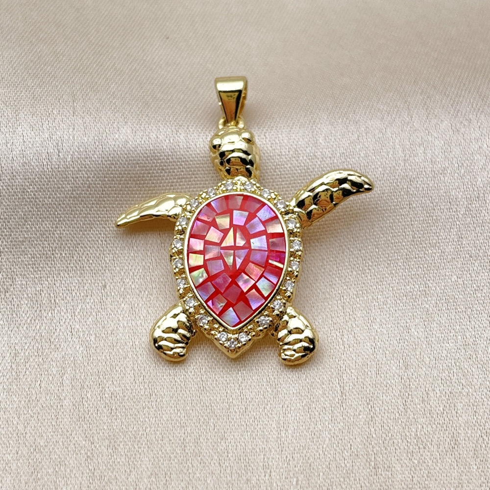 Oro Laminado Fancy Pendant, Gold Filled Style Turtle Design, with Garnet Opal and White Micro Pave, Polished, Golden Finish